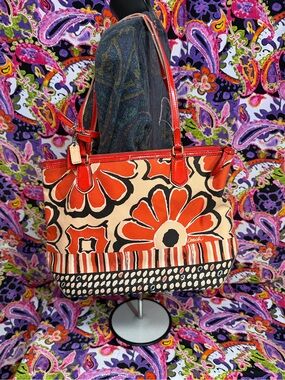 Coach Red and Cream Floral Canvas Tote with Black Accents